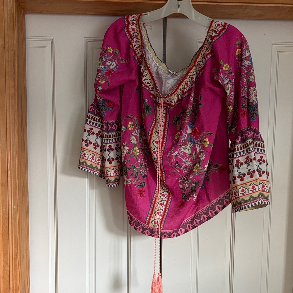 Umgee Fuchsia Floral Embroidered V-Neck Boho Blouse